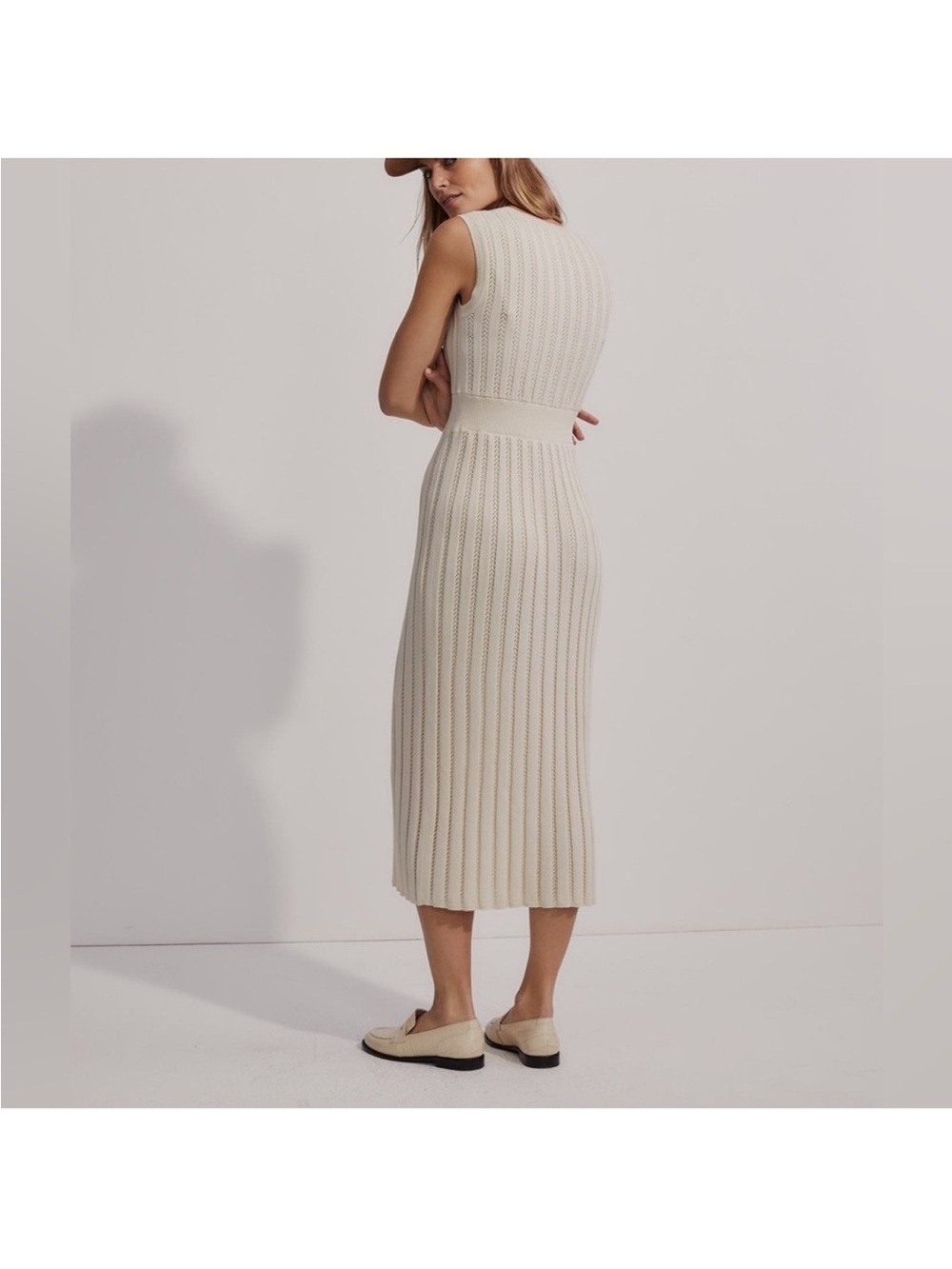 Varley Florian Knit Dress Midi 100% Cotton Sleeveless Ribbed Cream Size S/M - Picture 2 of 10